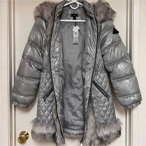 River Island Women's Stylish Silver faux fur Coat